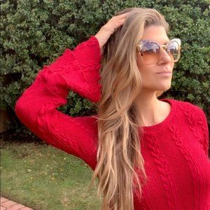 Red cable knit bell sleeve sweater